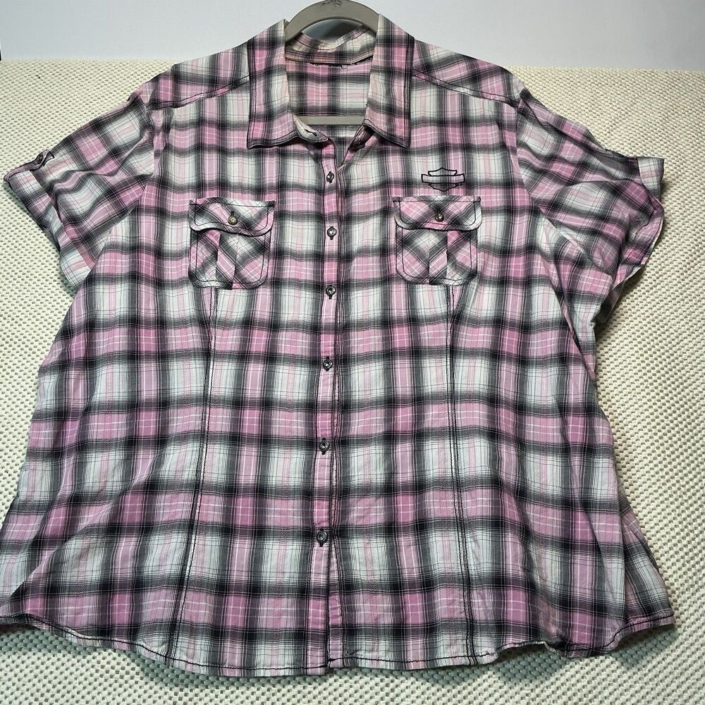 Harley-Davidson Plaid Button Up Shirt Pink Black White Short Sleeve 2 Pocket